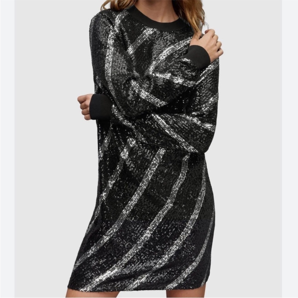 Like New All Saints Jules Sequined Dress Black Silver Generous Size XS - Picture 2 of 13
